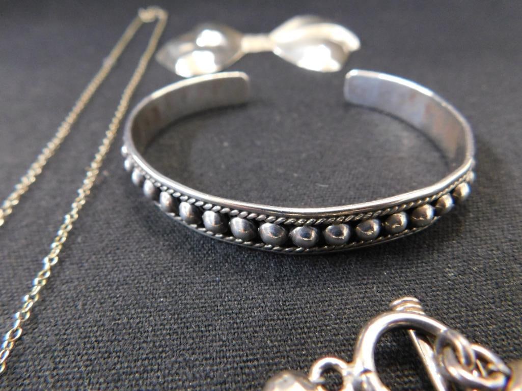 Sterling Silver - 18" Chain - Cuff Bracelet - Bead Bracelet - Brooch - 44.41 Grams TW - 4
