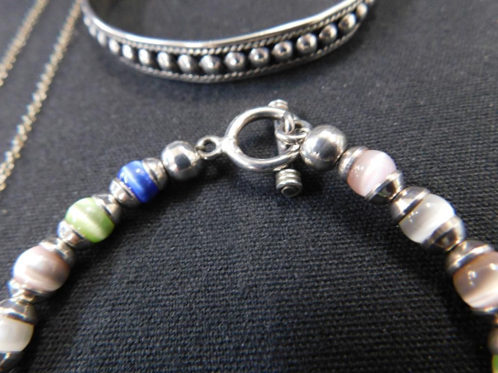 Sterling Silver - 18" Chain - Cuff Bracelet - Bead Bracelet - Brooch - 44.41 Grams TW - 6