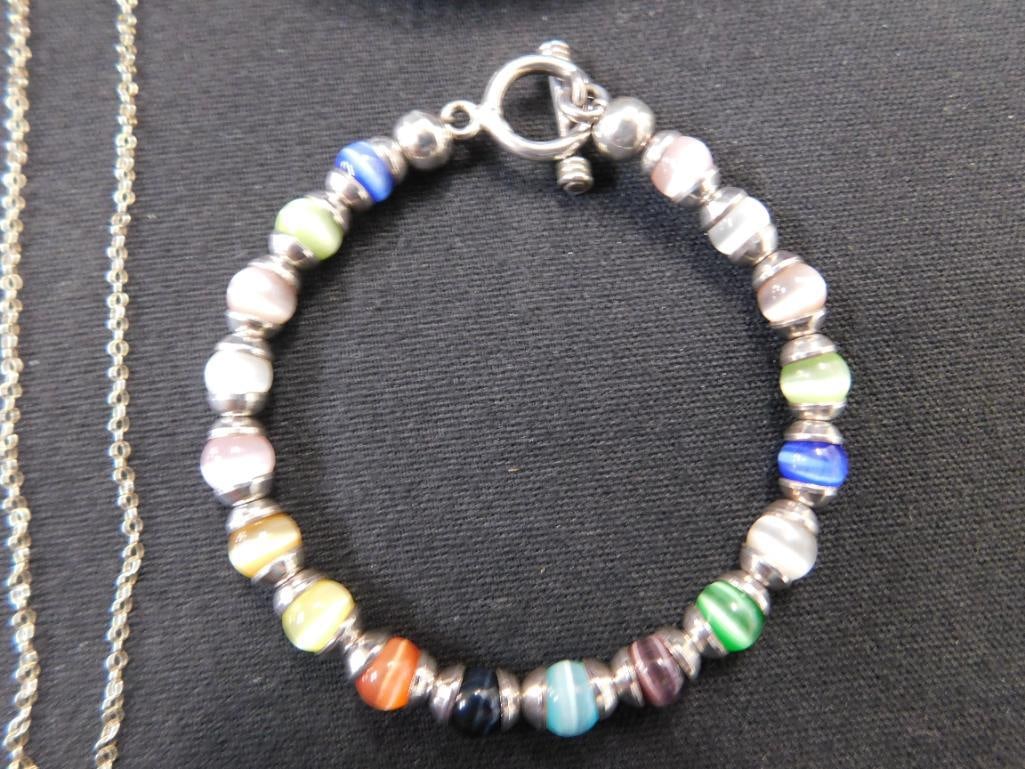 Sterling Silver - 18" Chain - Cuff Bracelet - Bead Bracelet - Brooch - 44.41 Grams TW - 8