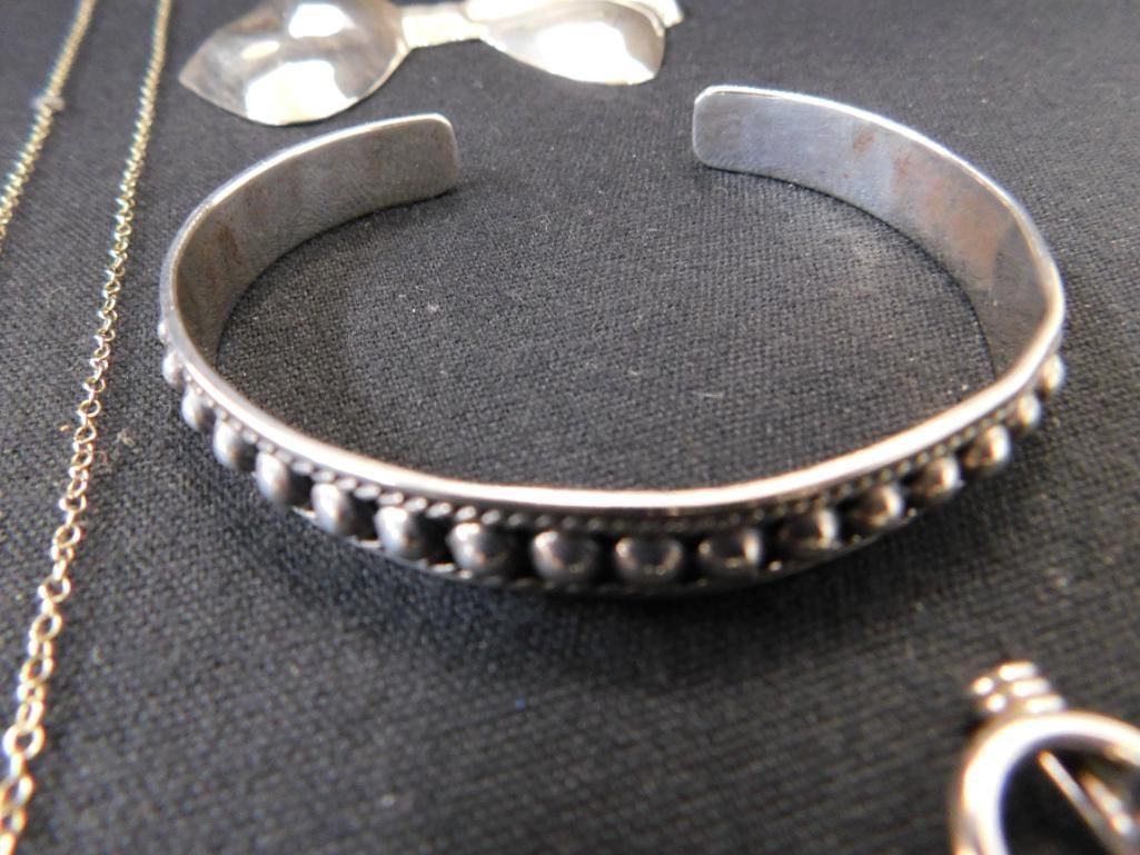 Sterling Silver - 18" Chain - Cuff Bracelet - Bead Bracelet - Brooch - 44.41 Grams TW - 9