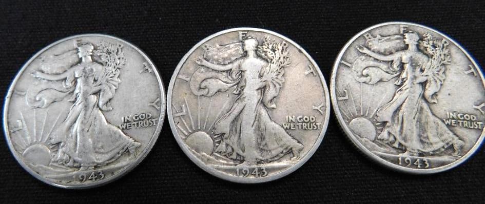 3-1943 Silver Walking Liberty Half Dollars: See Photos For Description and Condition