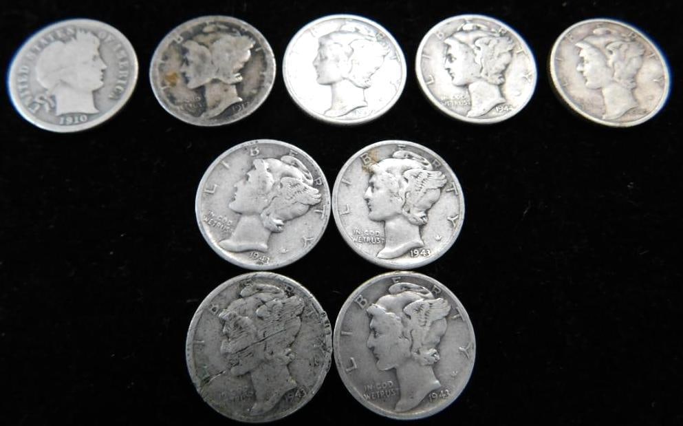 9 Mercury Silver Dimes - 1-1910 = 1-1917 - 1-1939 - 4-1943 - 1-1944 - 1-1945: See Photos For Description and Condition