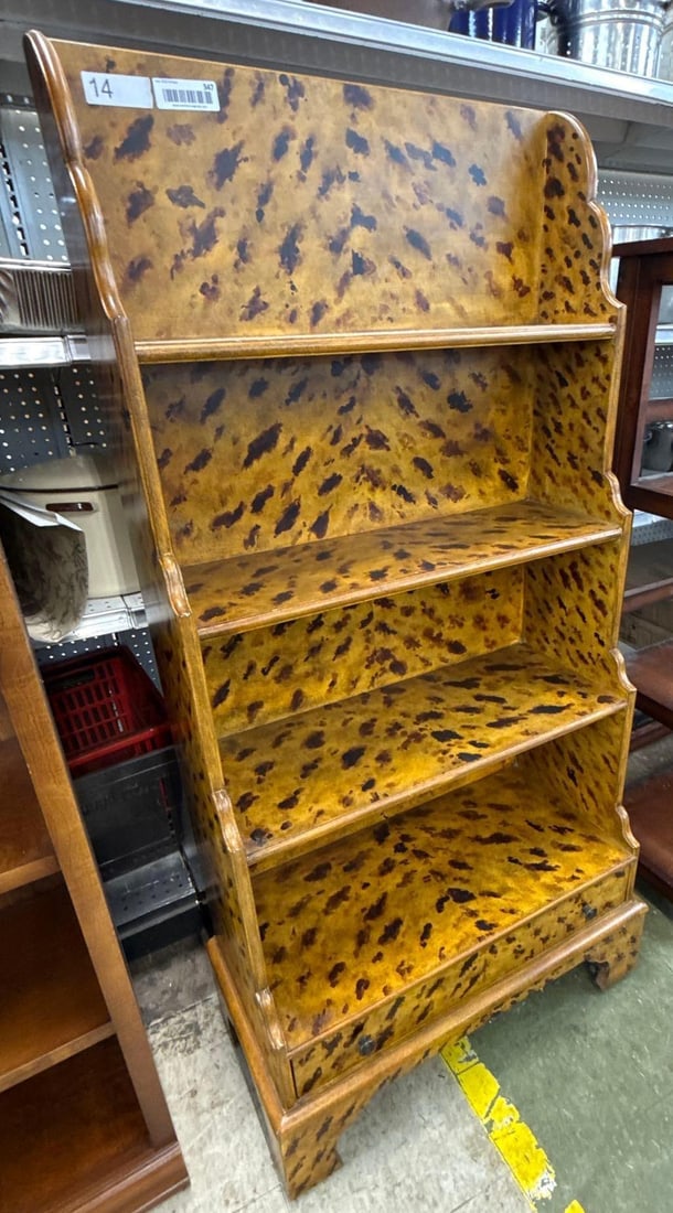bookshelf: printed Sponge texture applied to surface. Four shelves over one drawer. 24 wide by 22 deep by 47 tall.