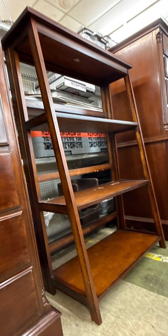 three shelf wooden bookshelf: tiered shelves. 27 wide by 13 deep by 41 tall.