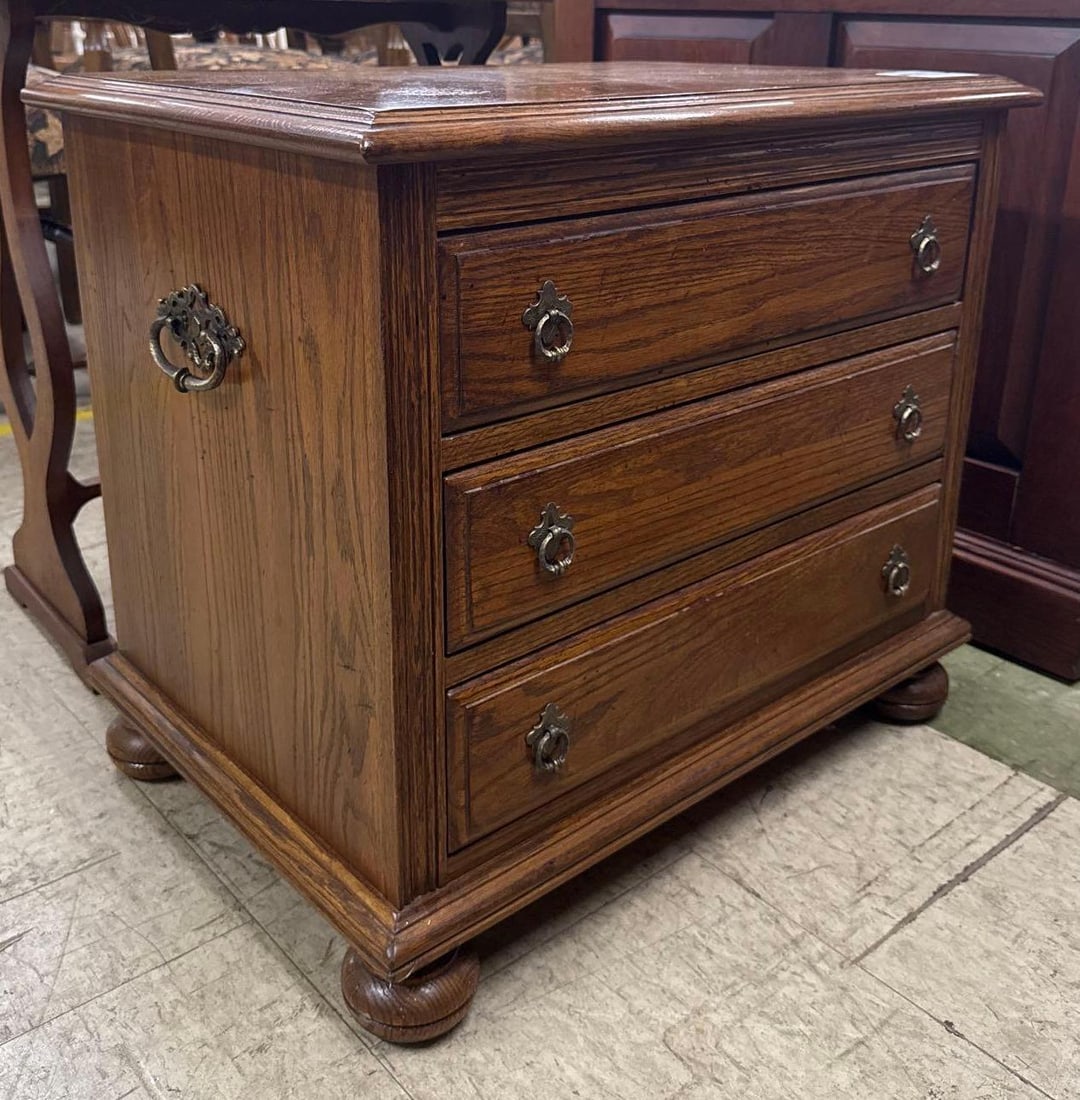 Ethan Allen three drawer bed stand: 22 wide by 16 deep by 2 feet tall.