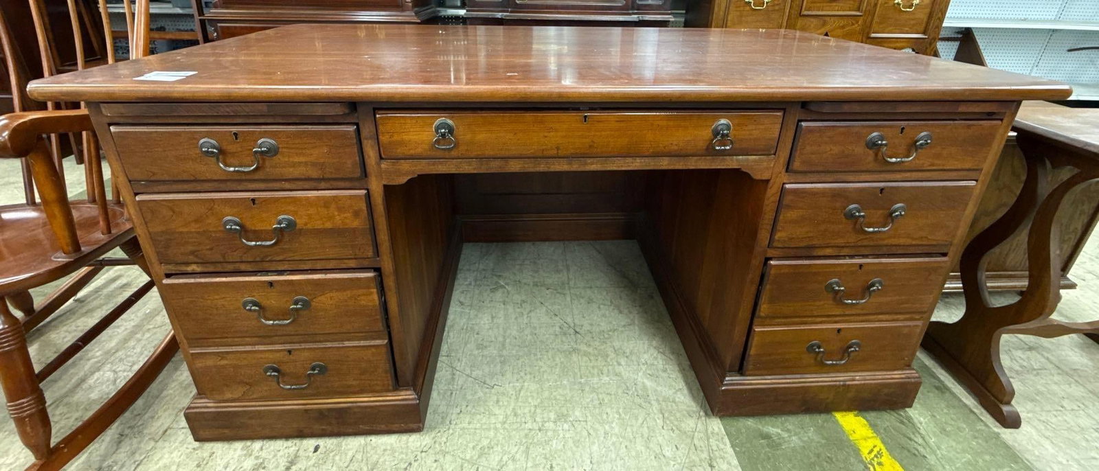 wooden office desk: Three drawers on each side and one computer tray in between. Bob Timberlake by Lexington furniture. 56 wide by 210 deep by 27 tall.