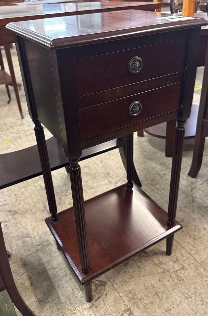 mahogany two-drawer side Table: Bombay company. 14 wide by 1 foot deep by 29 tall.
