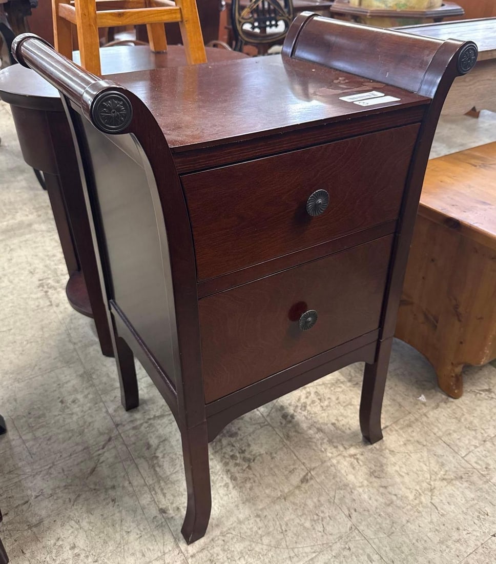 two drawer wooden table: Splayed sleigh legs with damage to the top. 111 wide by 14 deep by 29 tall.
