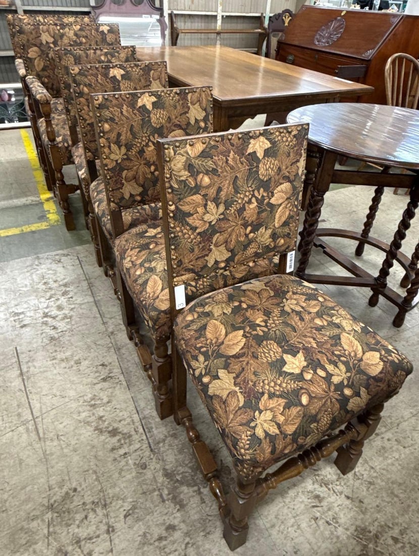 lot of six upholstered chairs: Two arm chairs and four regular chairs. Armchairs measure 24 inches wide 21 inches deep and 38 inches tall. Side chairs measure 18 1/2 inches wide by 18 inches deep by 36 1/2 inches tall.