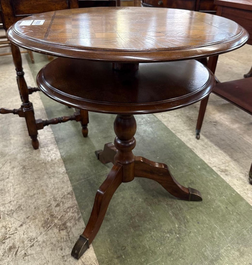 inlaid chess table: Round, top turns. Top of table measures 24 inches wide by 27 inches tall.