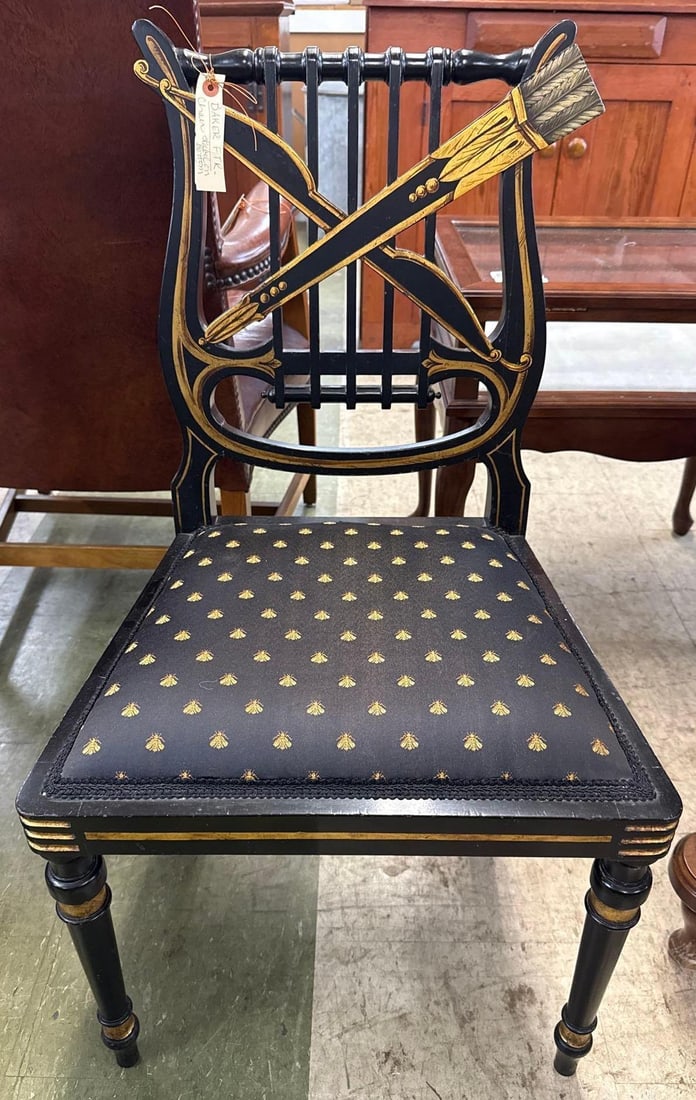 Baker furniture chair: 19 wide x 19 deep x 33 1/2 tall. Bumblebee pattern upholstered seat. Black and gold painted crossed quiver and bow motif.
