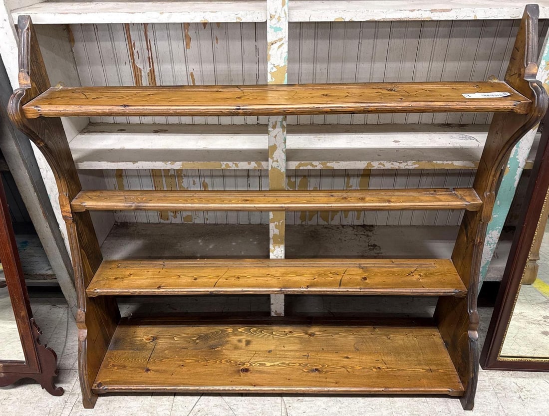 Wall plate rack: Pine 42 inches wide by 12 inches deep by 38 inches tall.