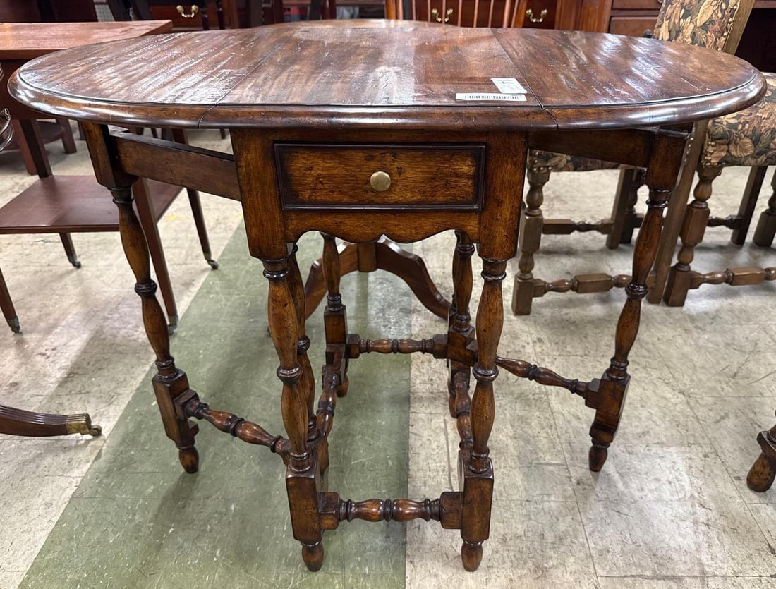 oval double gate leg Lloyd Buxton side table: one drawer 36 x 21 x 29 tall