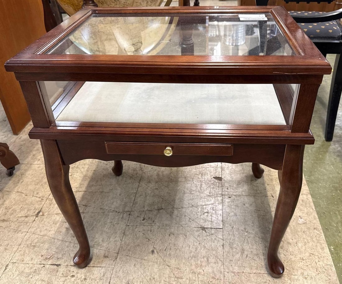 Glass display table with one drawer: Velvet lined drawer and case bottom. Mahogany stain. 22 x 17 x 24 tall