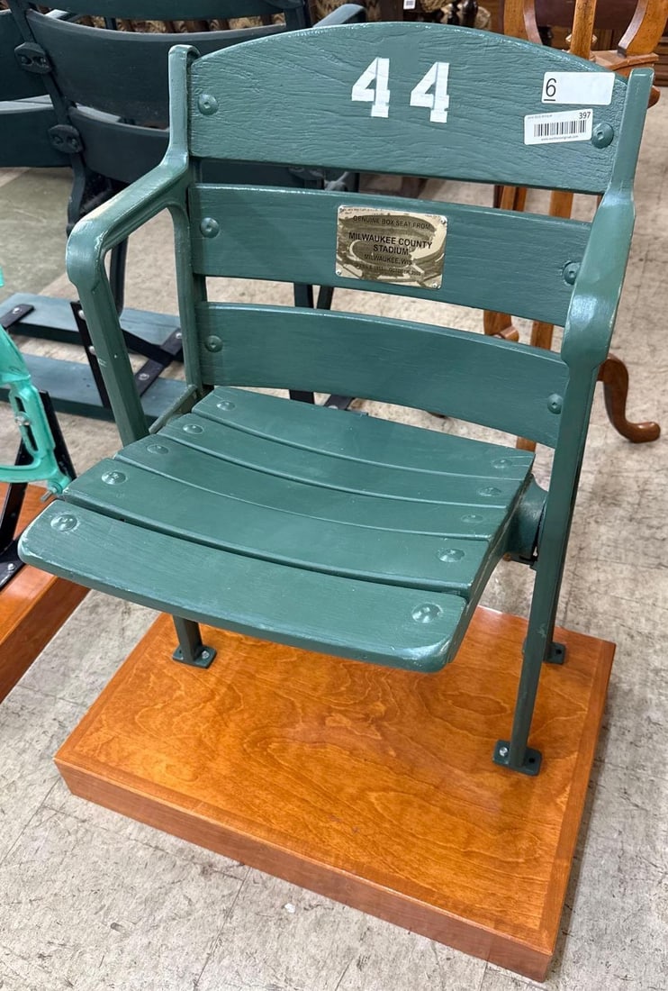 Number 44 Milwaukee County Stadium seat: Painted green. 19 1/2 x 21 1/2 x 33 tall