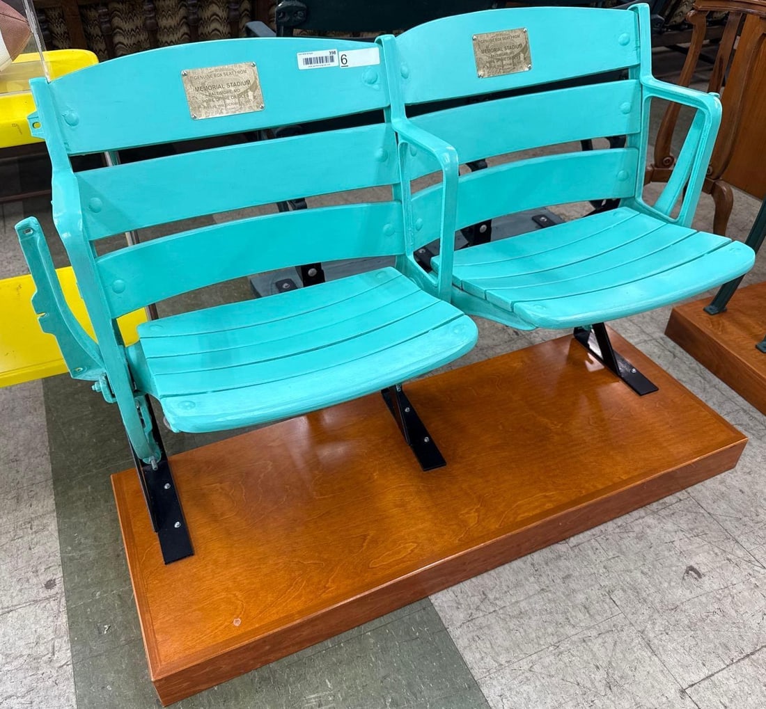 memorial Stadium double box seats: Baltimore, Maryland home of the Orioles painted green. 48 inches wide by 22 inches deep by 33 inches tall