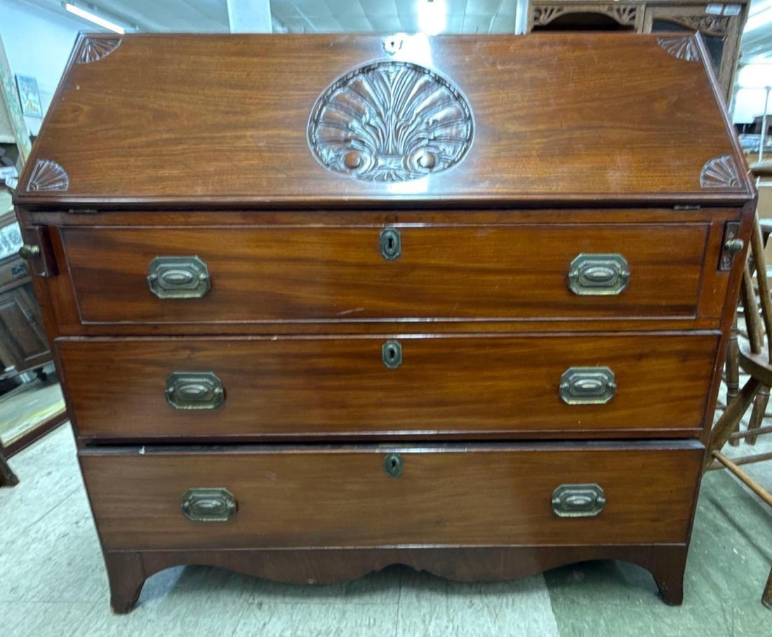 antique mahogany desk: Dovetail joints. 44 inches wide by 21 inches deep by 42 inches tall.