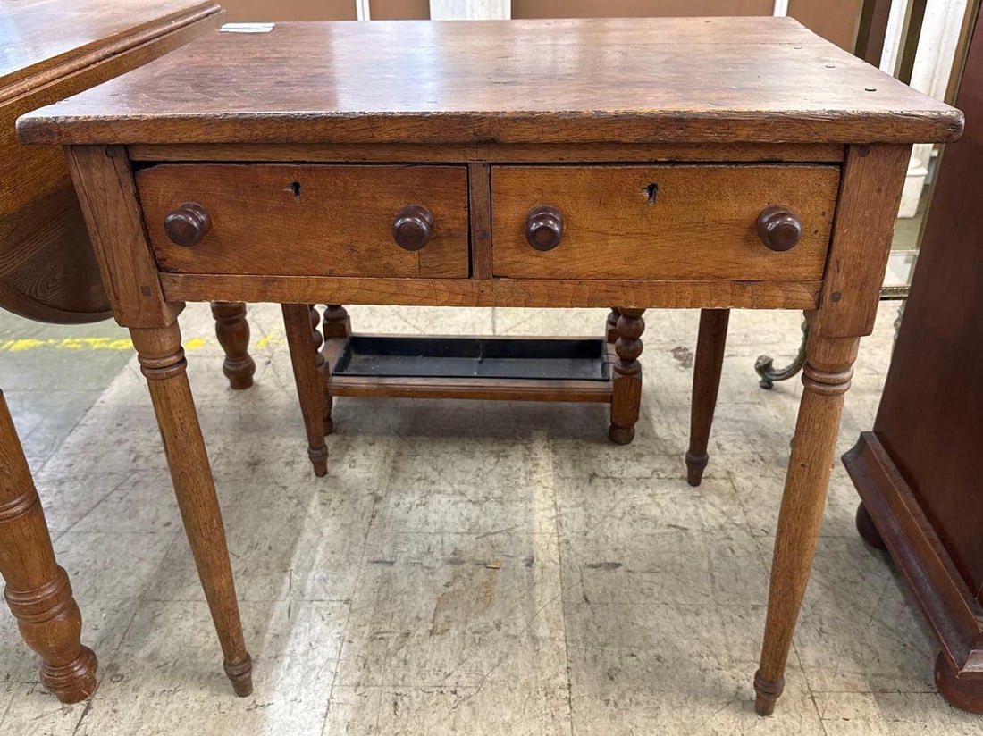 Walnut country two drawer side table: 30 x 22 x 29 tall. Wooden peg nails.