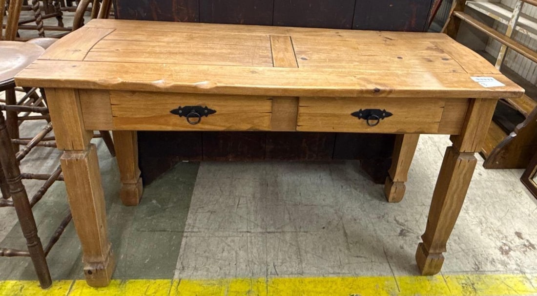 distressed pine sofa table: Newer. 50 inches wide by 18 inches deep by 30 inches tall.