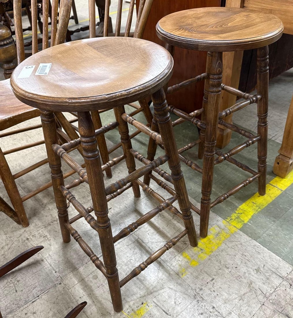 two wooden counter stools: 14 inches round by 27 inches tall