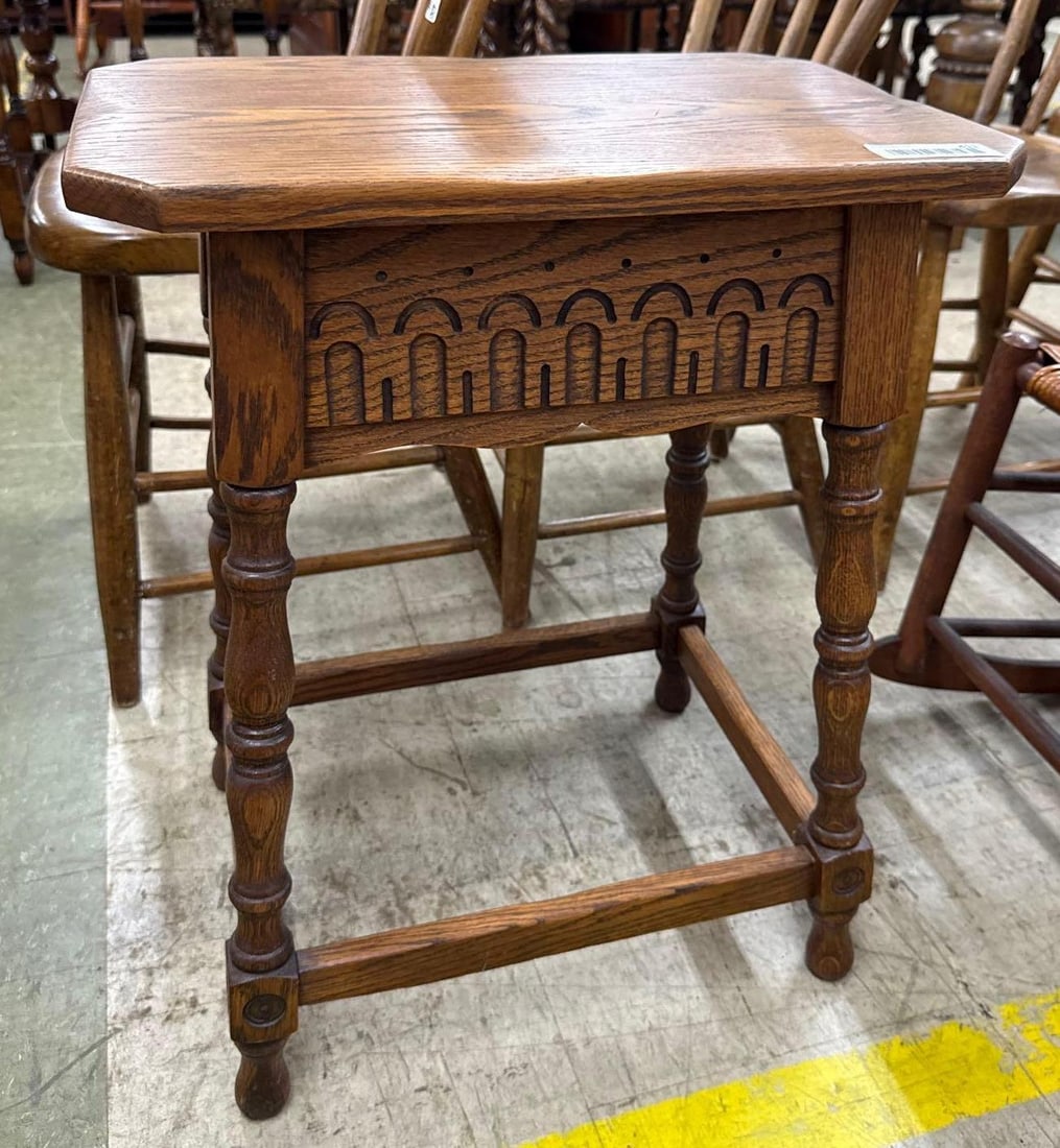 carved wooden oak side table: Trestle. 19 x 13 24 inches tall
