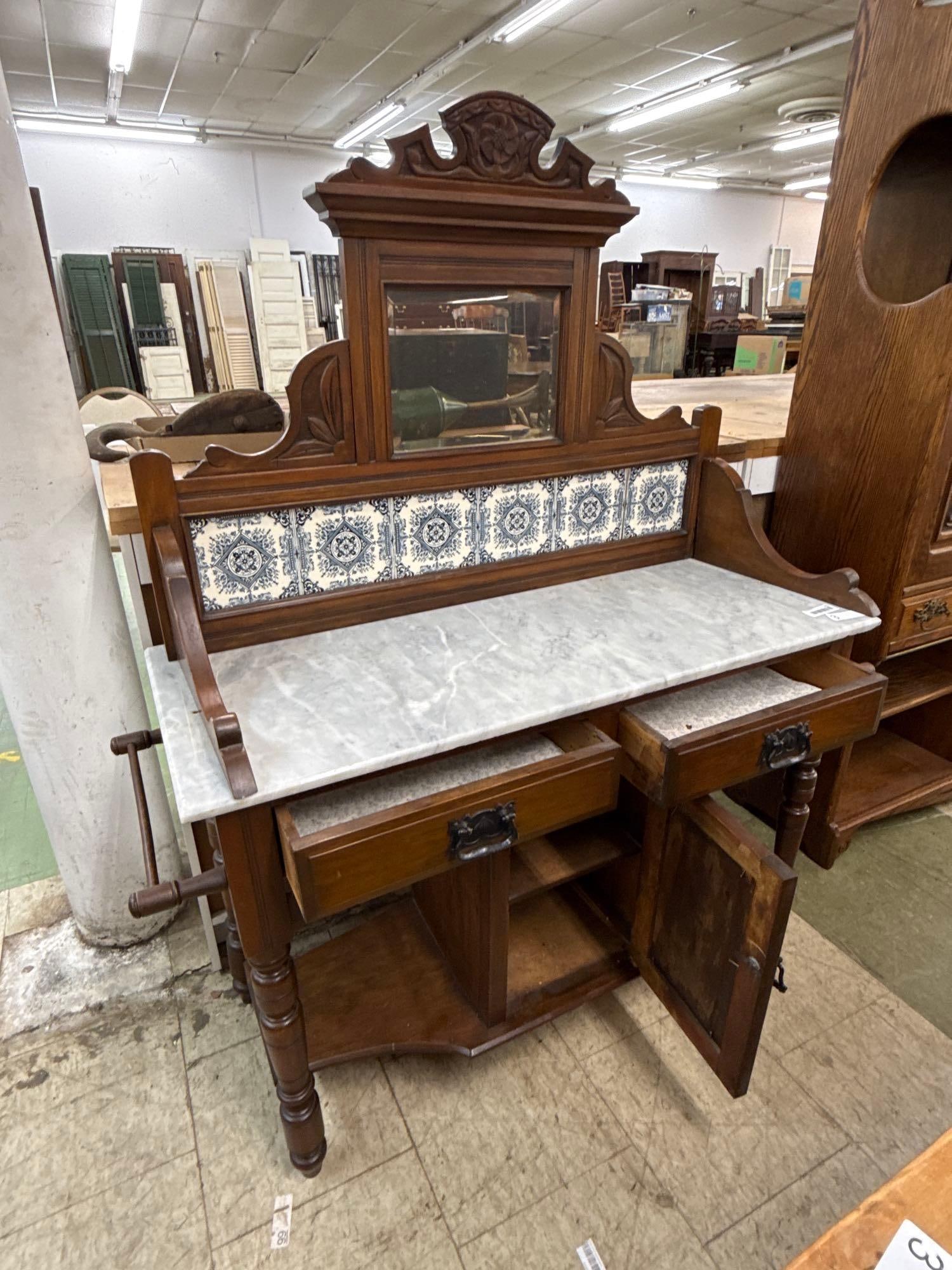 English antique Victorian, walnut wash stand with tile back - 2