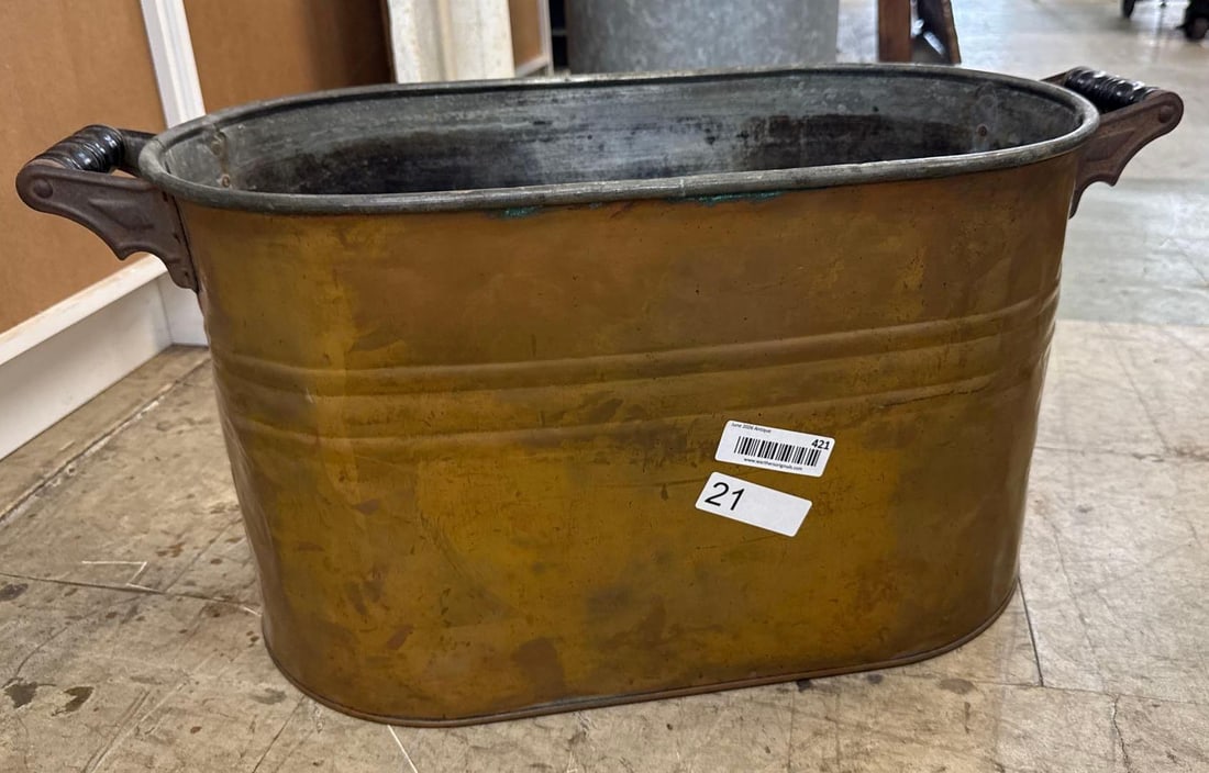 vintage copper boiler tub: 27 and 27 1/2 inches wide by 12 inches deep by 13 inches tall