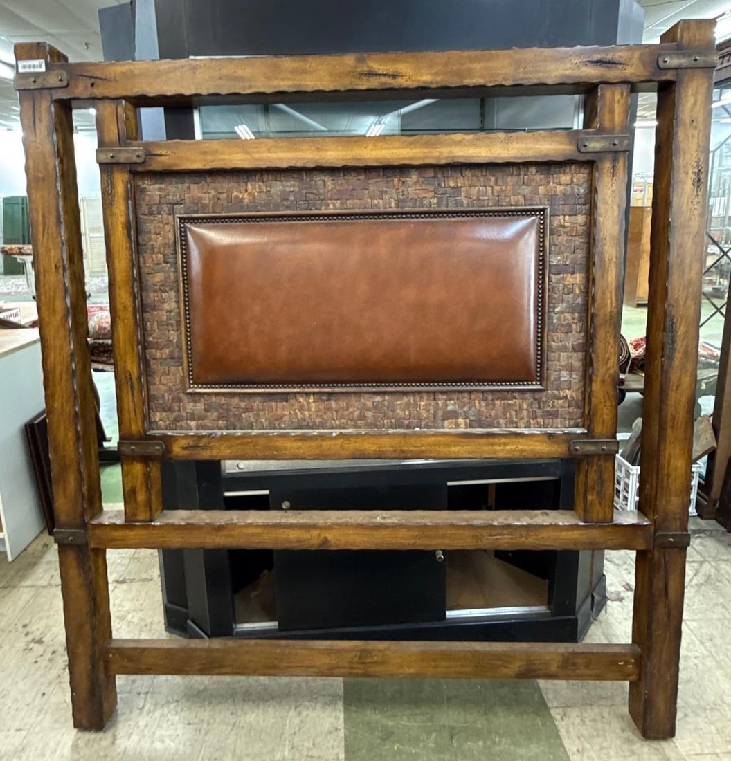 newer Queen size headboard: Distressed with leather and wood