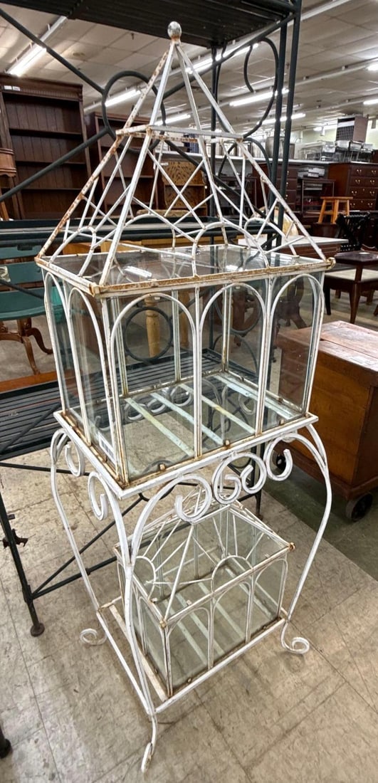 two wrought iron wardian case terrarium: 15 inches wide by 14 inches deep by 47 inches tall