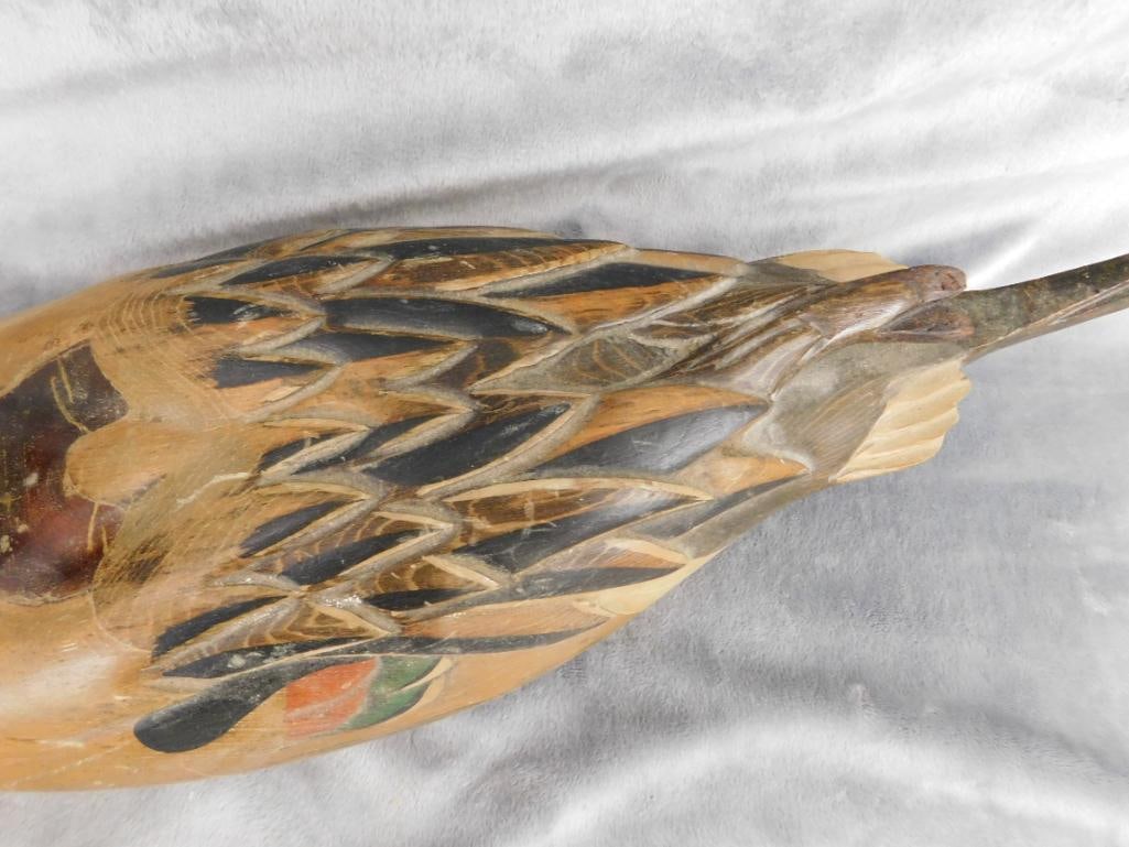 1984 Woodendare Inc Carved Duck Decoy - Signed Tom Taber - 8" x 21" x 6.5" - 5
