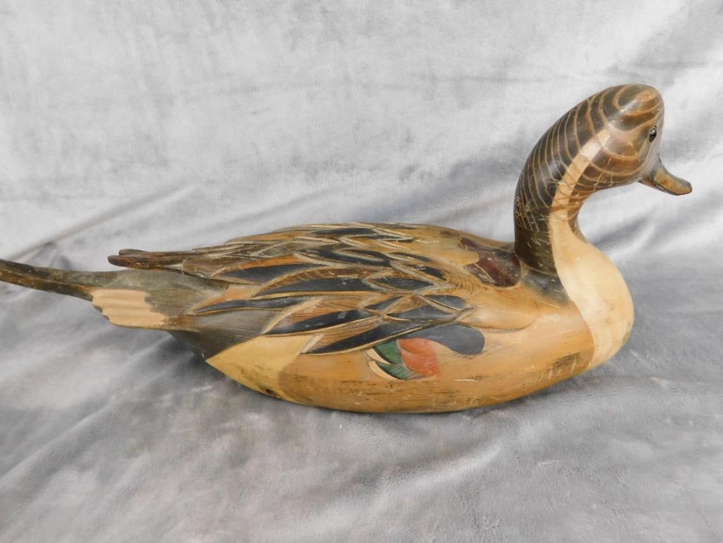 1984 Woodendare Inc Carved Duck Decoy - Signed Tom Taber - 8" x 21" x 6.5" - 7