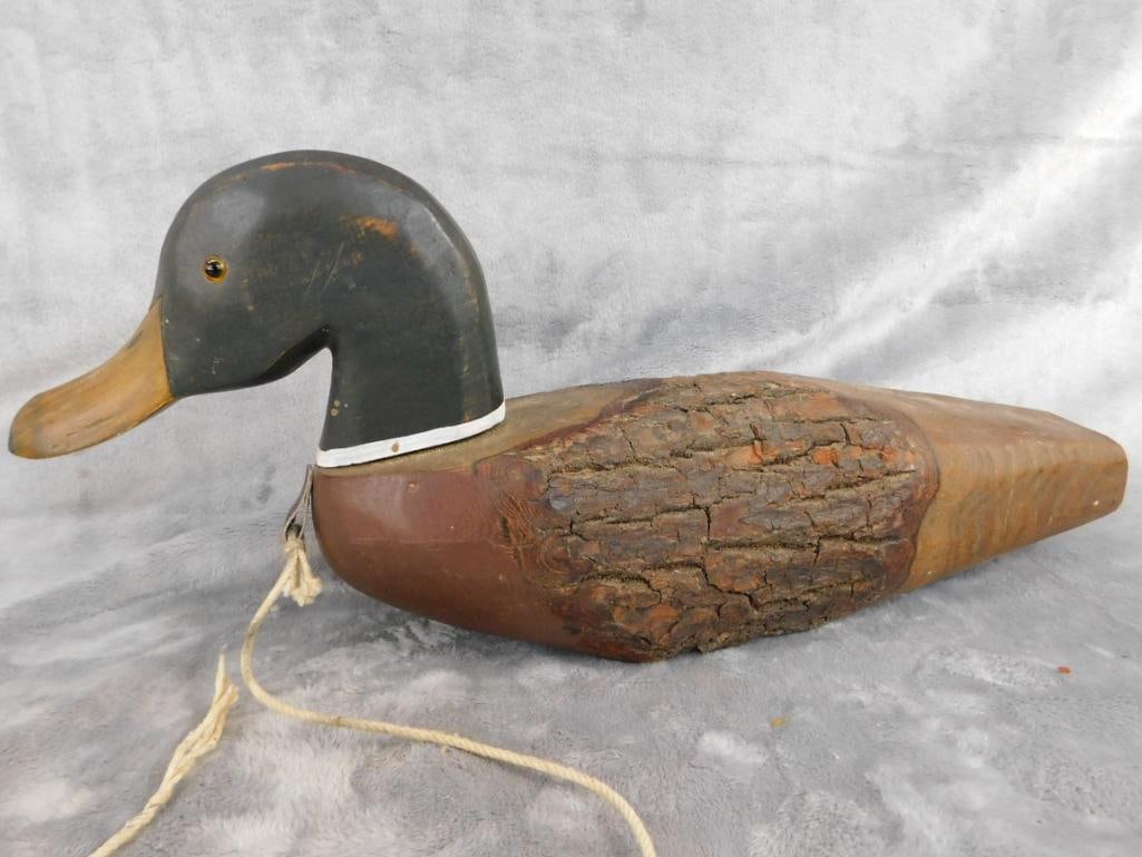 Folk Art unsigned Wood Duck Decoy - Natural Bark - 6.75" x 16.5" x 4.5" - 5