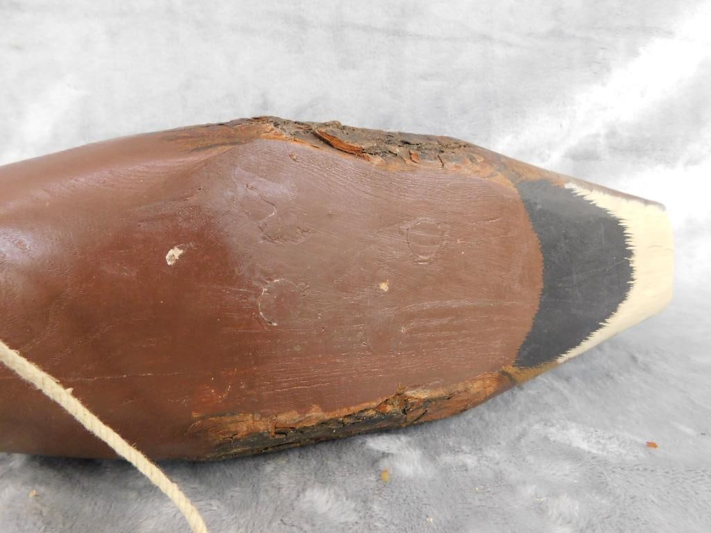 Folk Art unsigned Wood Duck Decoy - Natural Bark - 6.75" x 16.5" x 4.5" - 6