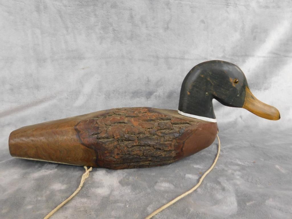 Folk Art unsigned Wood Duck Decoy - Natural Bark - 6.75" x 16.5" x 4.5" - 7