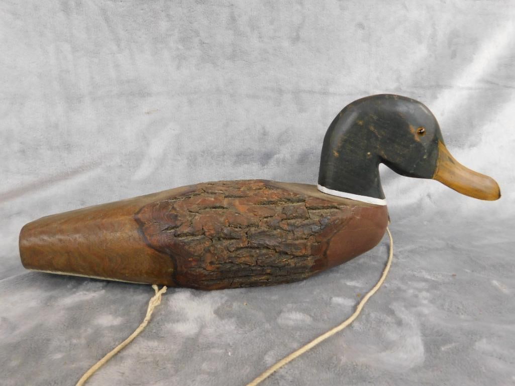 Folk Art unsigned Wood Duck Decoy - Natural Bark - 6.75" x 16.5" x 4.5" - 8
