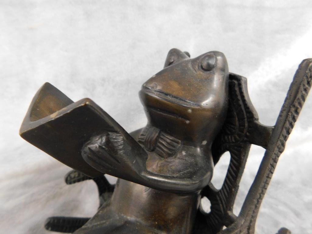 Modern Bronze Figure - Frog Reading In A Rocking Chair - 5" x 3.5" x 6.5" - 2