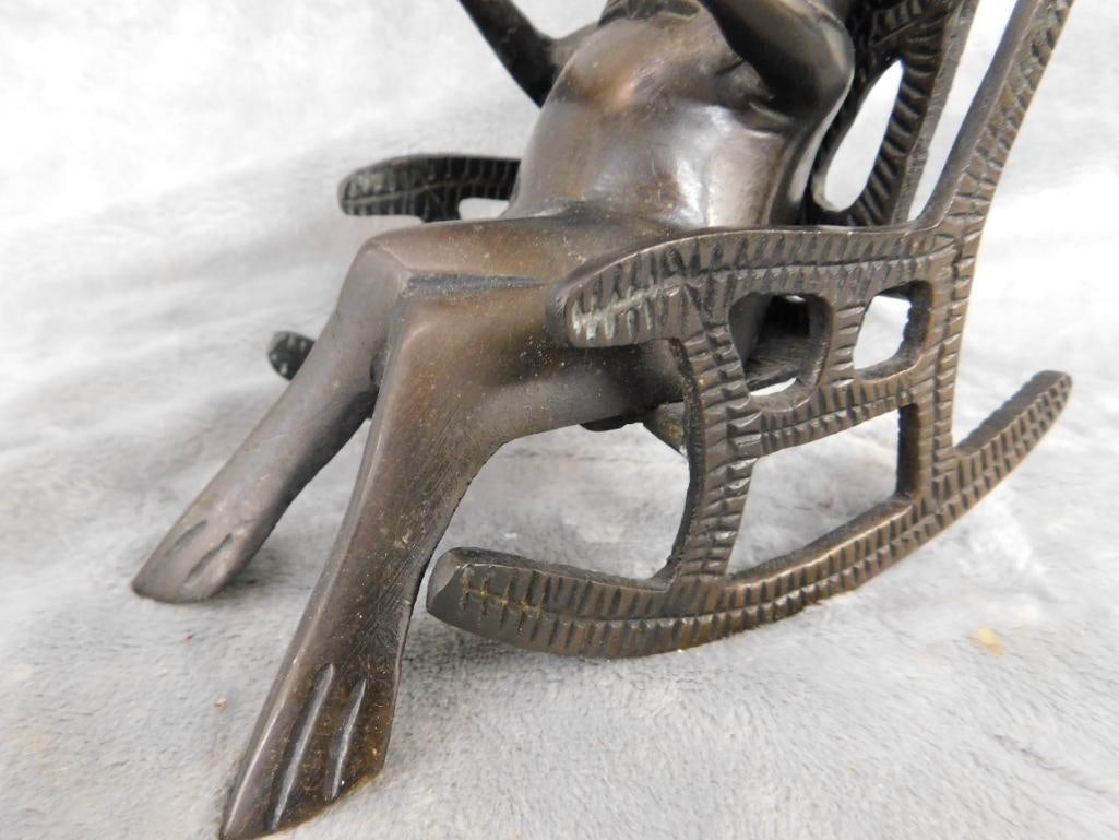 Modern Bronze Figure - Frog Reading In A Rocking Chair - 5" x 3.5" x 6.5" - 3