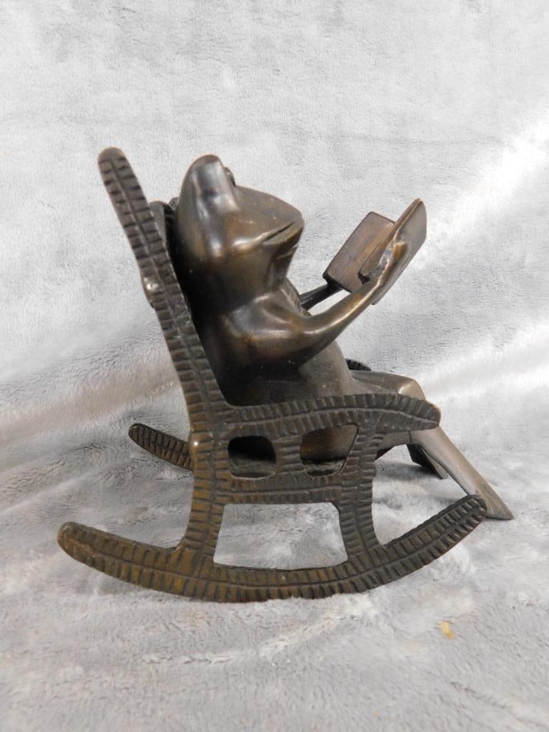 Modern Bronze Figure - Frog Reading In A Rocking Chair - 5" x 3.5" x 6.5" - 5