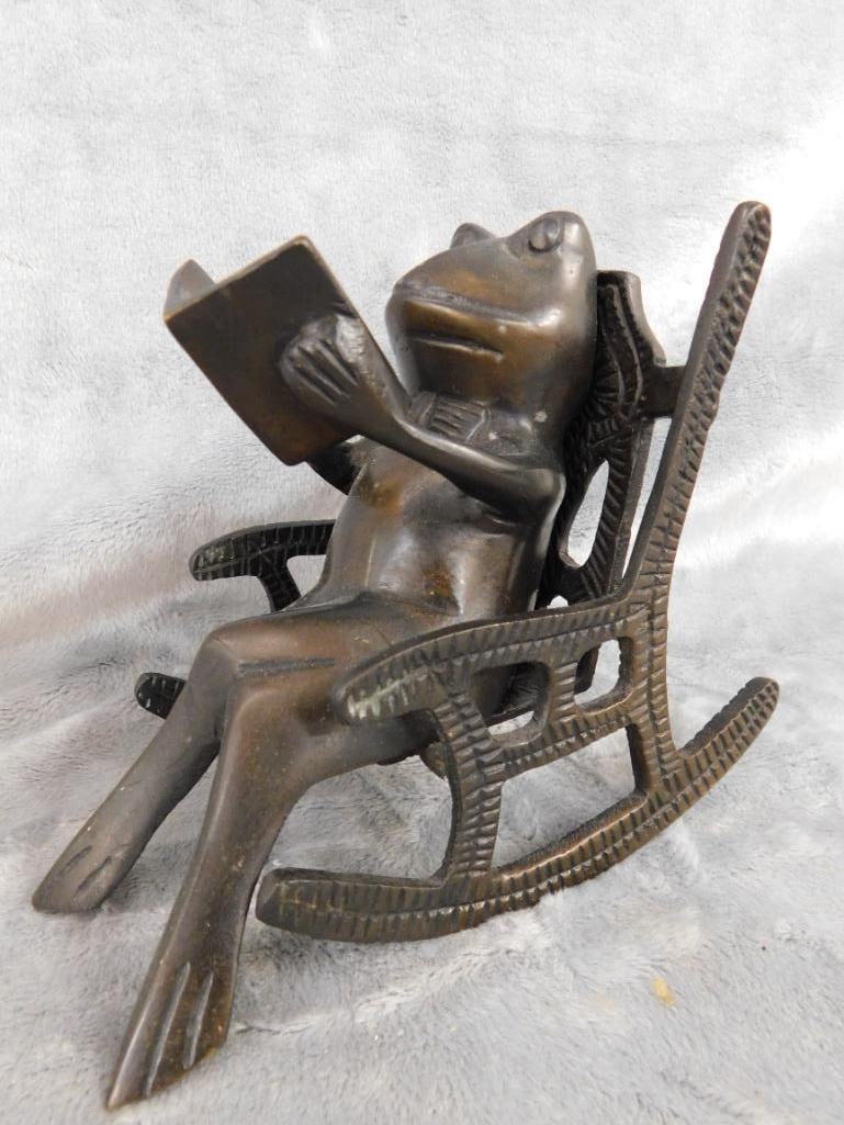 Modern Bronze Figure - Frog Reading In A Rocking Chair - 5" x 3.5" x 6.5" - 7