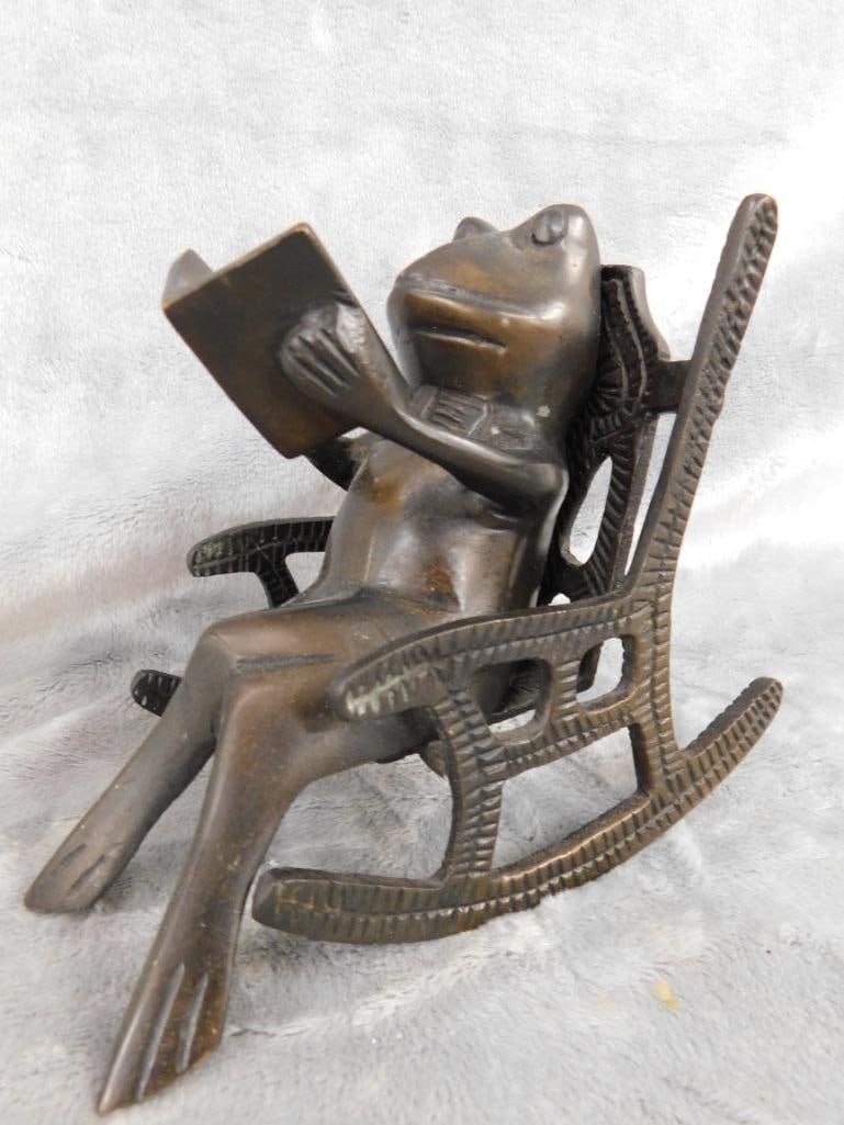 Modern Bronze Figure - Frog Reading In A Rocking Chair - 5" x 3.5" x 6.5" - 8