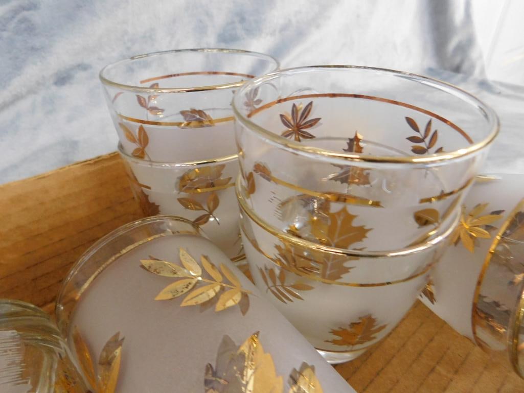 Group of 18 Mid Century Gold Highlighted Glasses - 4 Rocks - 14 Tumblers - 5