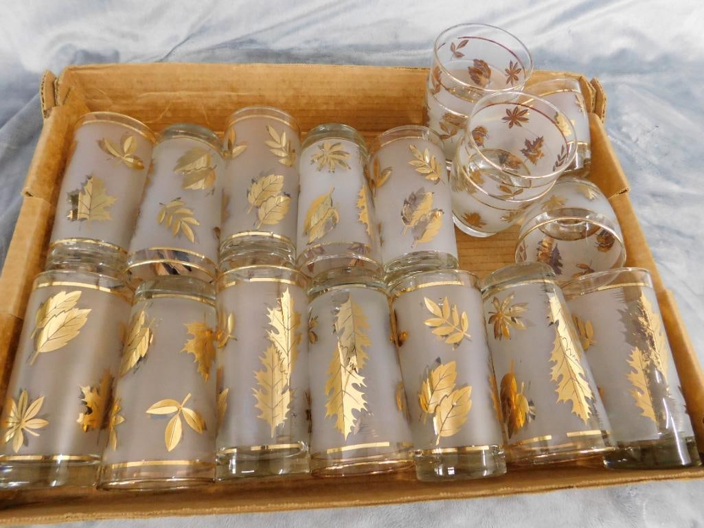 Group of 18 Mid Century Gold Highlighted Glasses - 4 Rocks - 14 Tumblers - 8