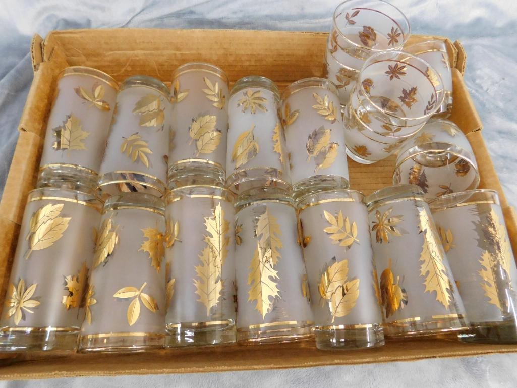 Group of 18 Mid Century Gold Highlighted Glasses - 4 Rocks - 14 Tumblers - 9