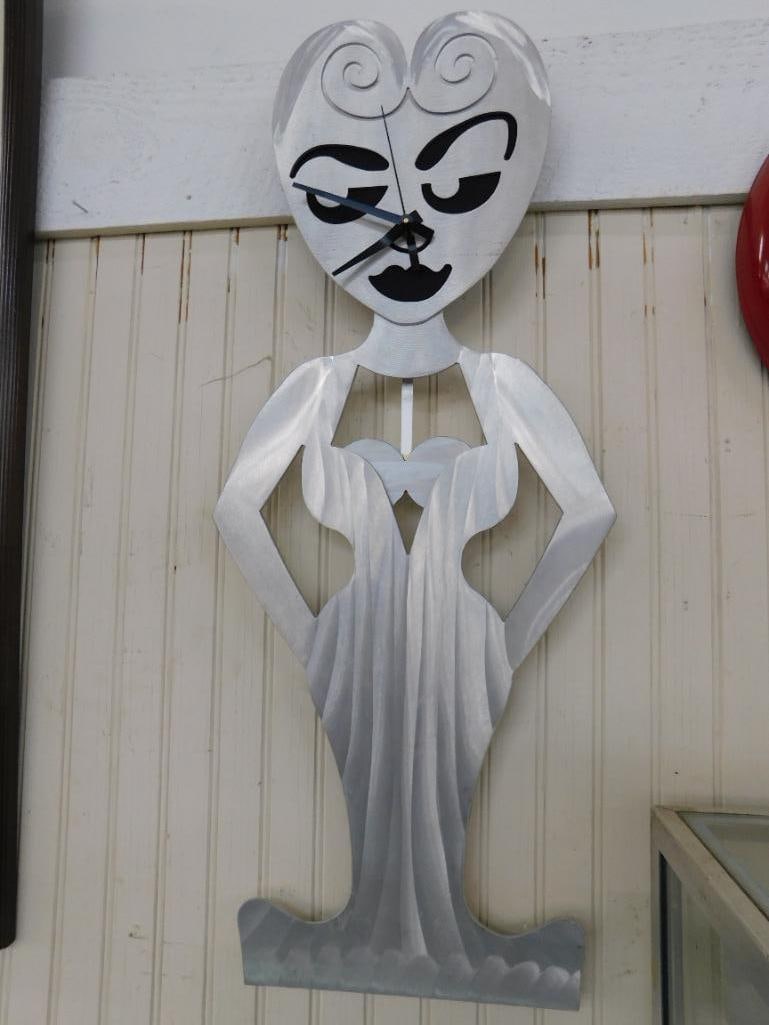 Modern Battery Operated Brushed Aluminum Clock - Lady - "Chest" Pendulum - 27.25" x 11.25" - 5