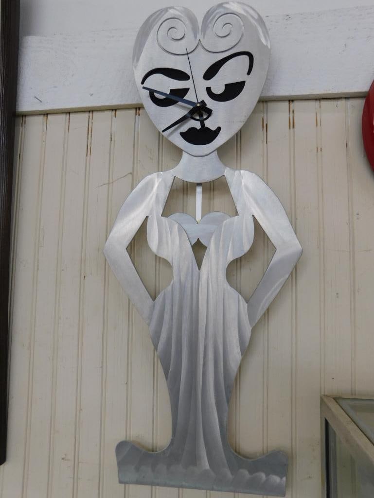 Modern Battery Operated Brushed Aluminum Clock - Lady - "Chest" Pendulum - 27.25" x 11.25" - 6