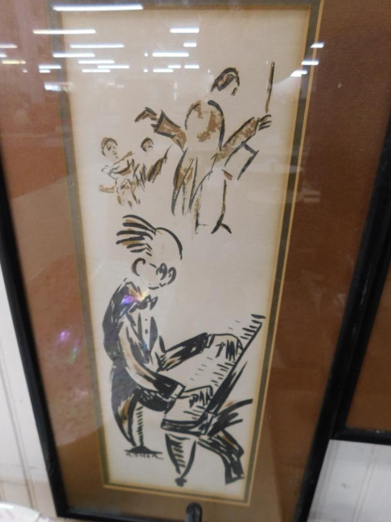 Pair of Vintage Original Art - Musicians - Signed Roner - Each 22" x 11" - 3
