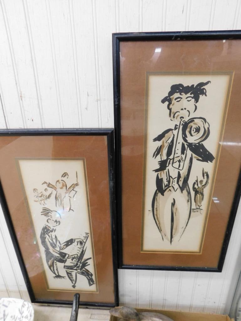 Pair of Vintage Original Art - Musicians - Signed Roner - Each 22" x 11" - 6