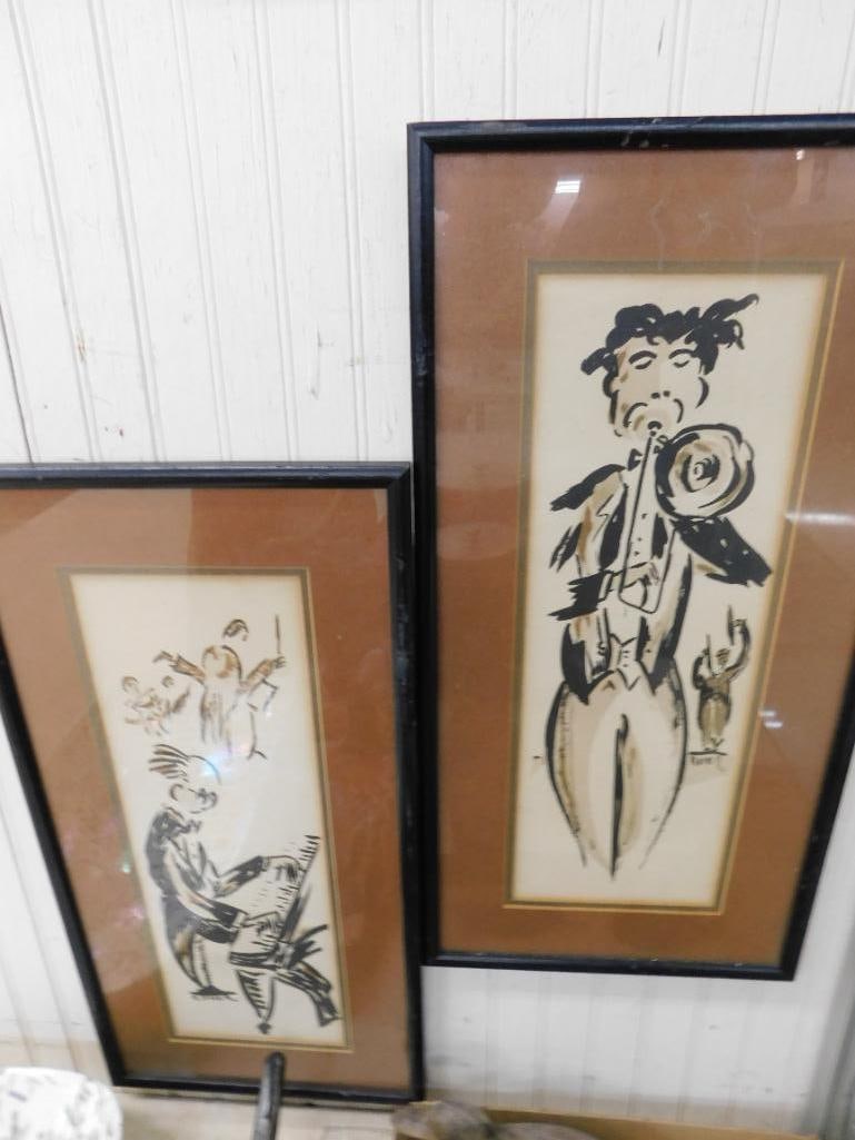 Pair of Vintage Original Art - Musicians - Signed Roner - Each 22" x 11" - 7