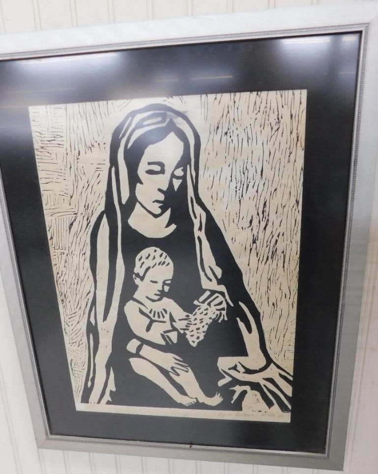 1984 Wood Block Print - Signed Kim Baker - "Madonna and Child" - 21" x 17": See Photos For Condition and Details