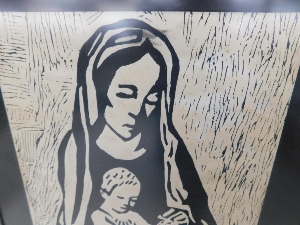 1984 Wood Block Print - Signed Kim Baker - "Madonna and Child" - 21" x 17" - 2